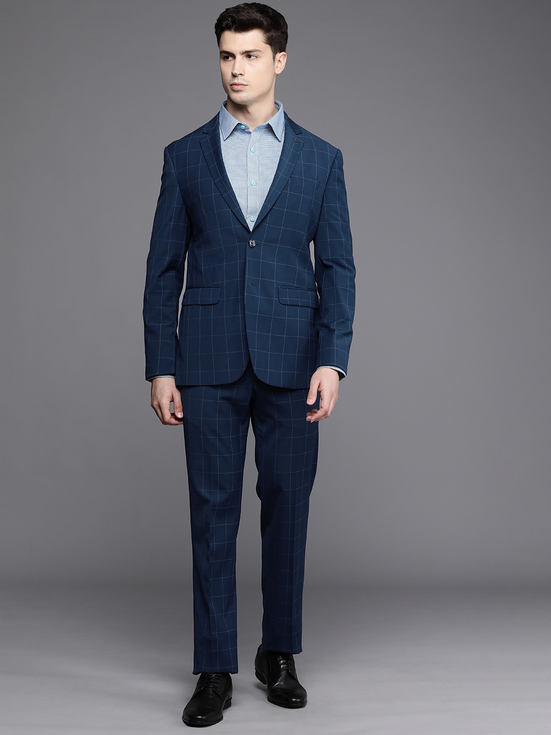 

Louis Philippe Slim Fit Checked Single Breasted 2 Piece Formal Suits, Blue