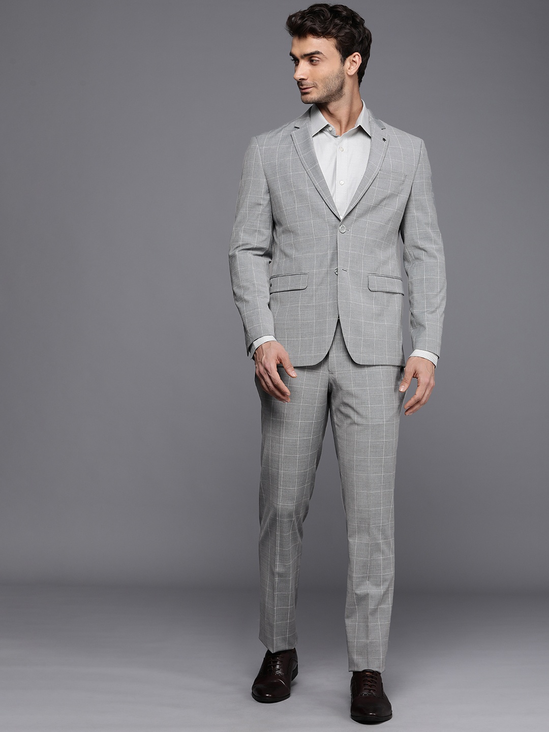 

Louis Philippe Slim Fit Checked Single Breasted 2 Piece Formal Suits, Grey