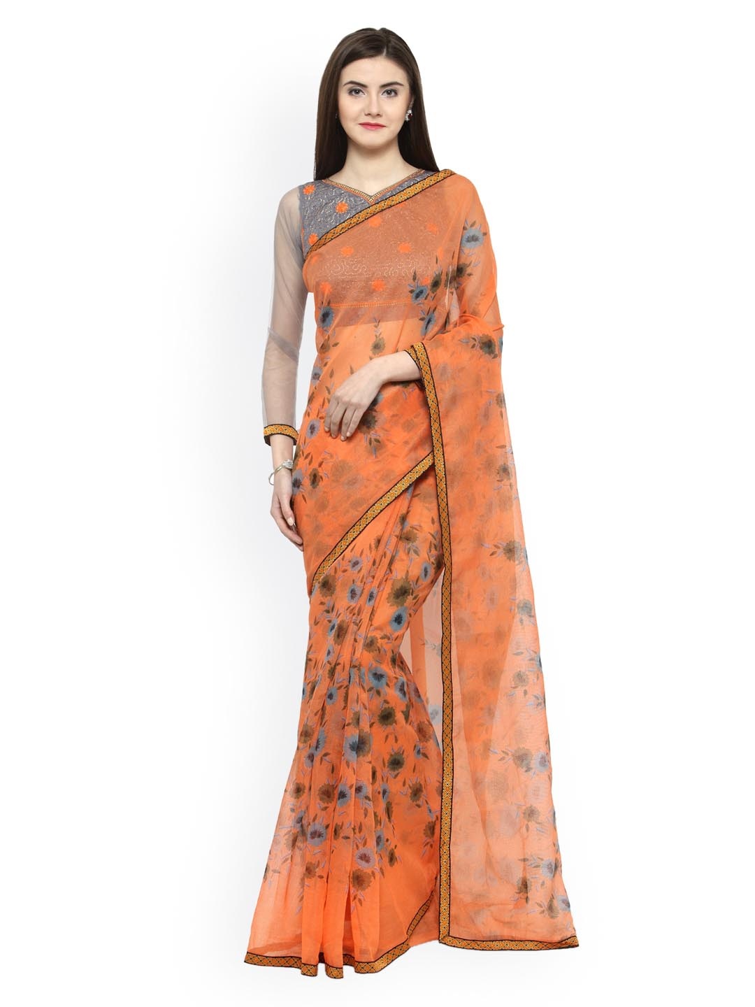 

Shaily Orange & Grey Net Printed Saree