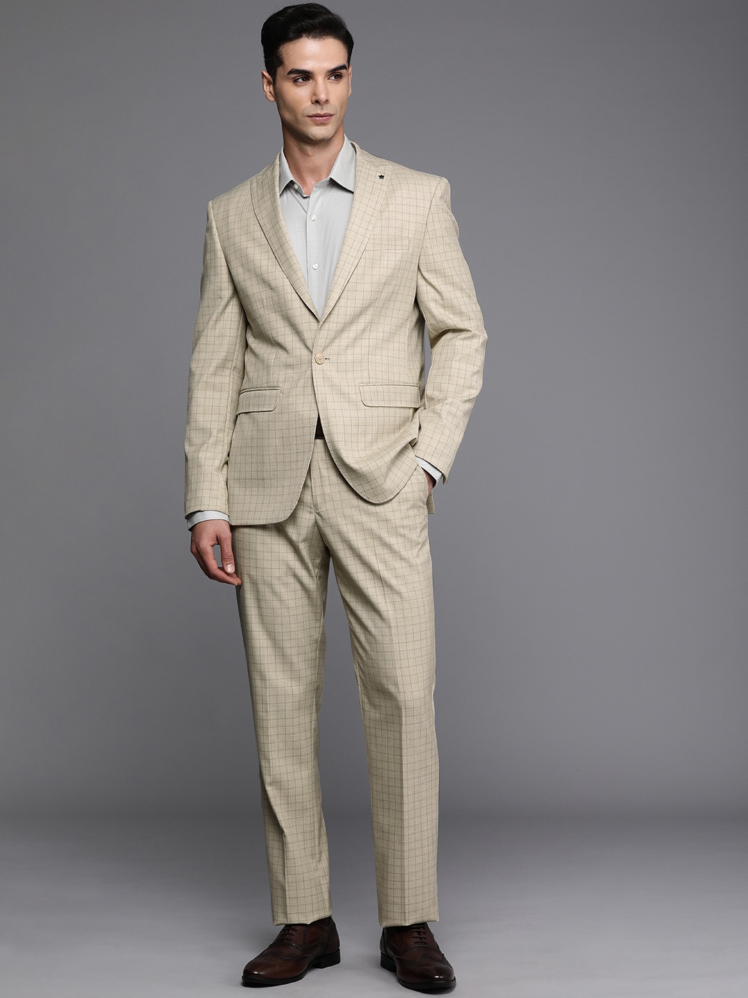 

Louis Philippe Slim Fit Checked Single Breasted 2 Piece Formal Suits, Beige