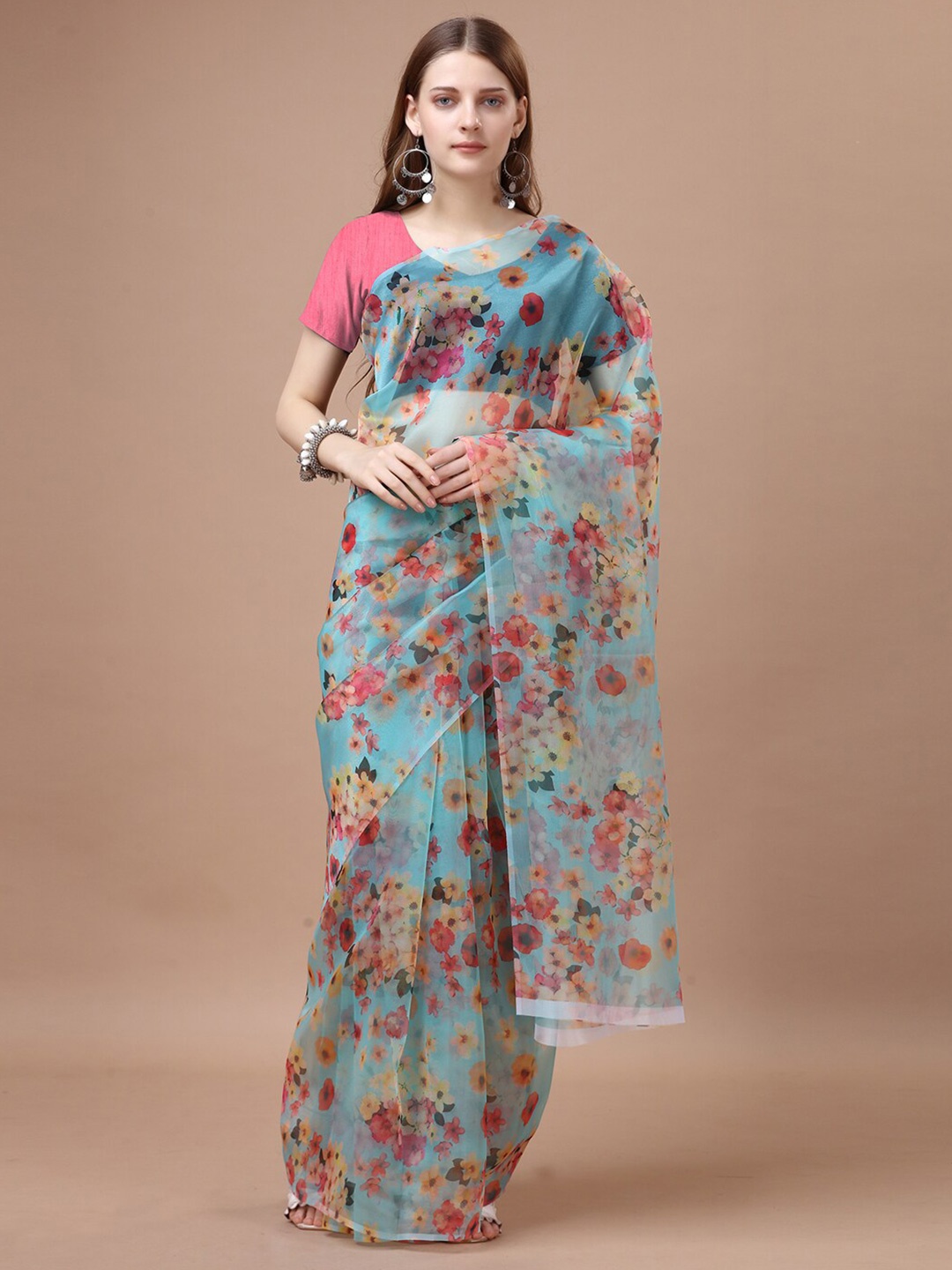 

WORIVOC Floral Printed Organza Saree, Blue