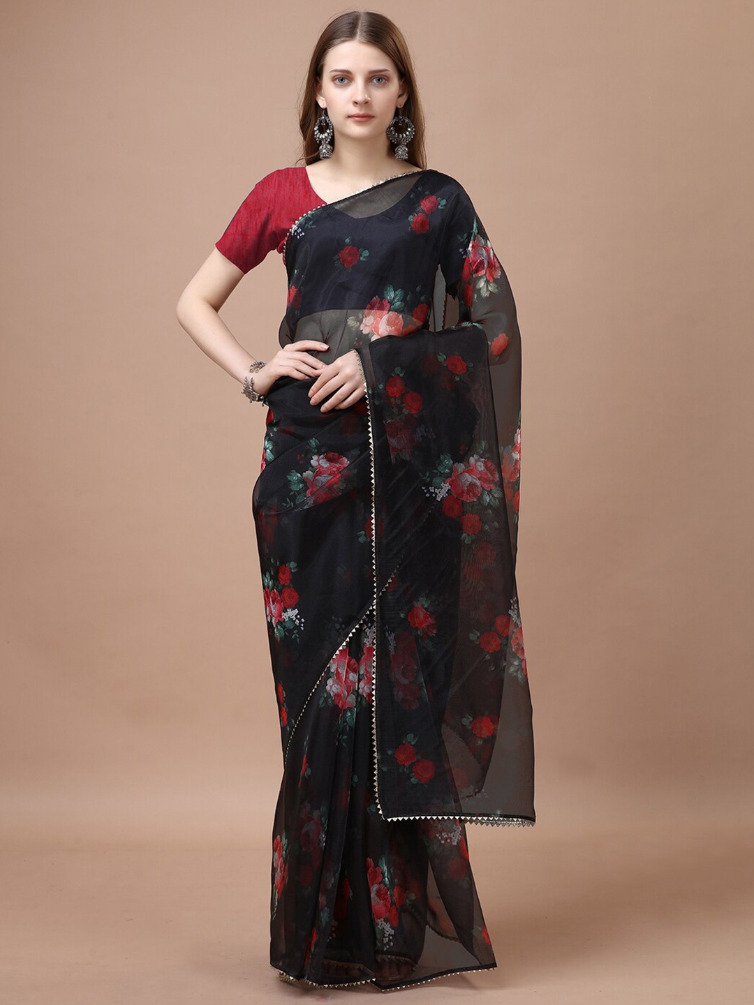 

WORIVOC Floral Printed Organza Saree, Black
