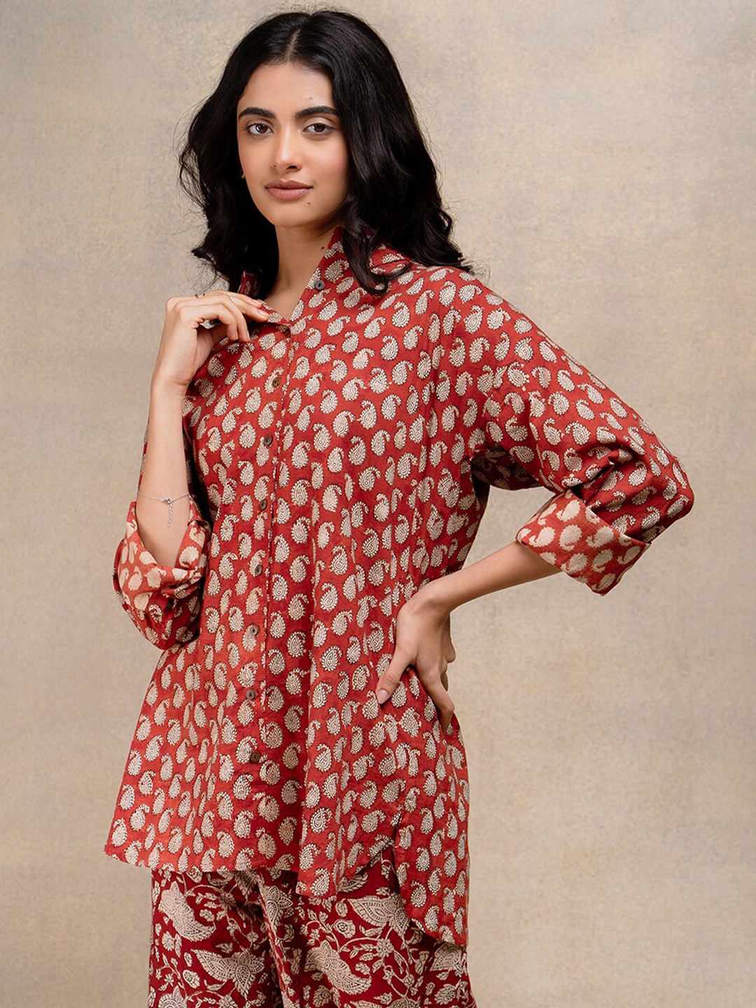 

OKHAI Ethnic Motifs Printed Cotton Shirt Style Top, Red