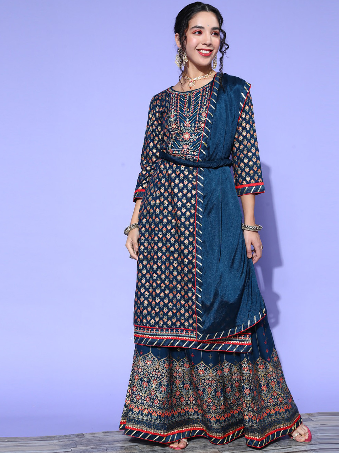 

Sangria Ethnic Motifs Printed Thread Work Straight Kurta With Skirt & Dupatta, Blue