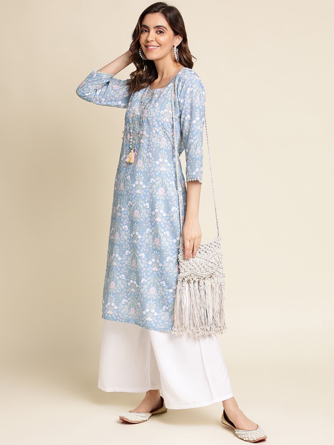 

Sangria blue & Green Floral Printed Thread Work Straight Kurta