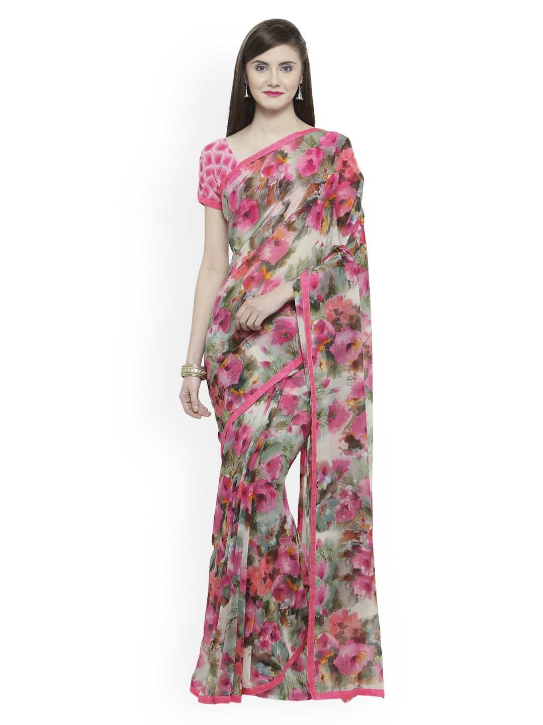 

Shaily Pink & Beige Pure Georgette Printed Saree
