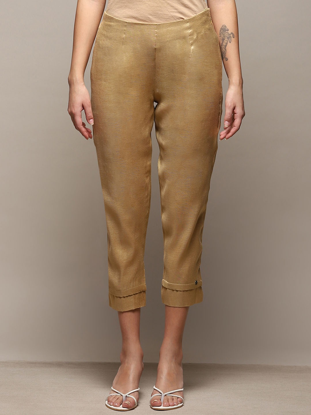 

Biba Women Relaxed Fit Cropped Cigarette Trousers, Gold