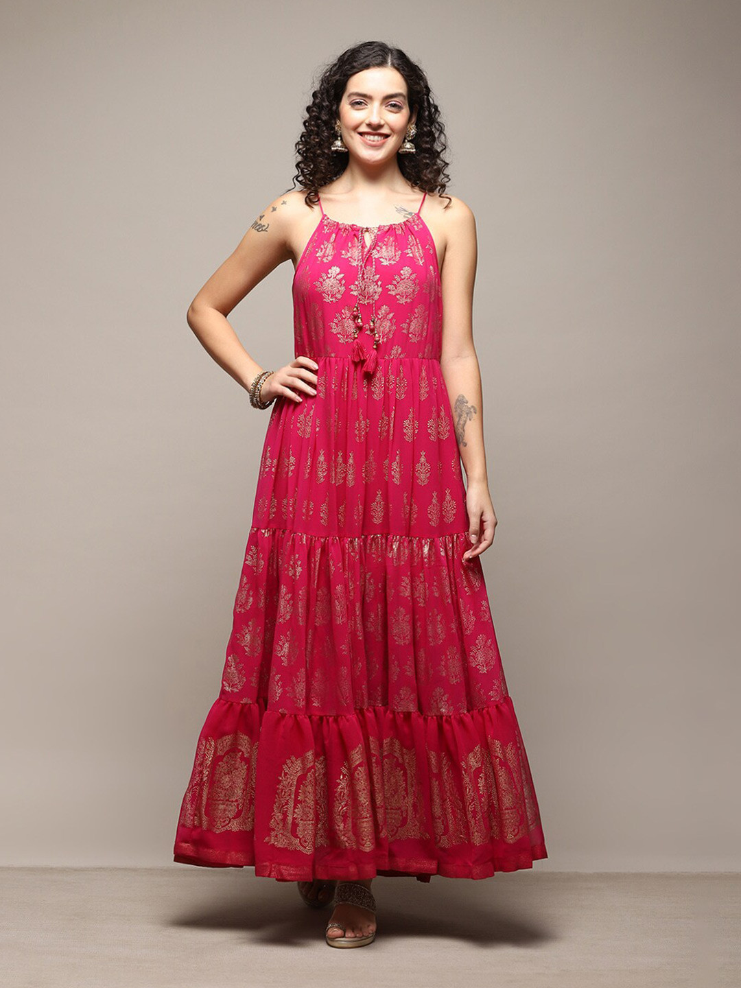 

Biba Floral Printed Shoulder Straps Gathered Tiered Maxi Ethnic Dress, Fuchsia