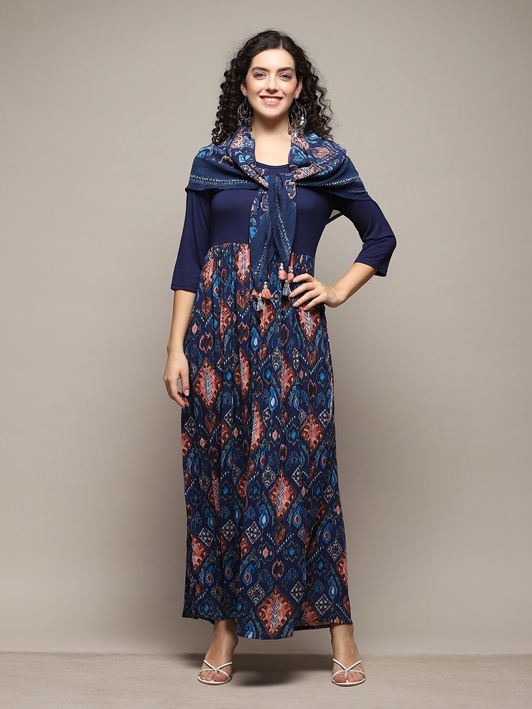 

Biba Ethnic Motifs Printed Gathered Maxi Ethnic Dress With Scarf, Navy blue