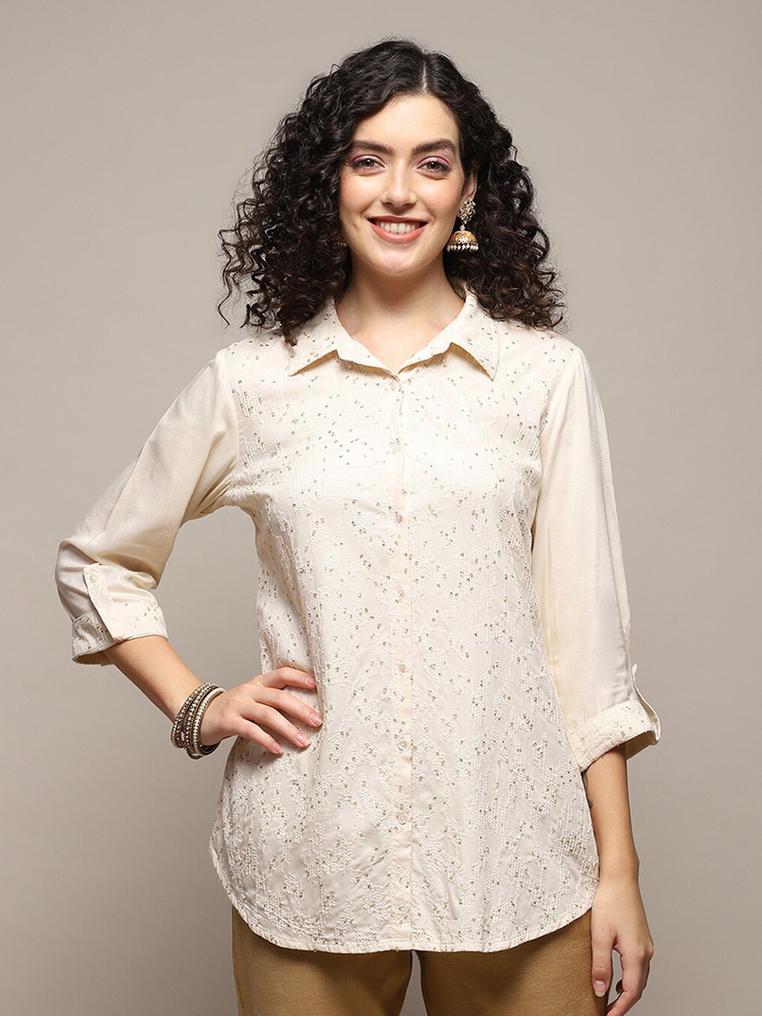 

Biba Embroidered Roll-up sleeves Casual Shirt, Off white