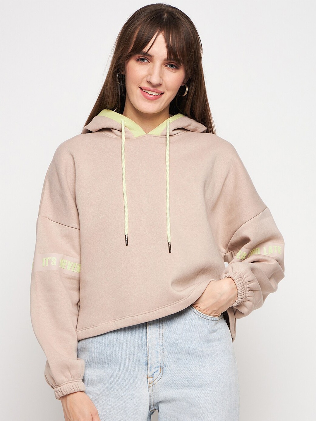 

Madame Hooded Drop Shoulder Cotton Pullover Sweatshirt, Beige