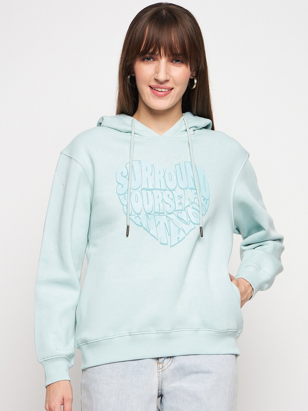 

Madame Typography Printed Hooded Drop Shoulder Cotton Pullover Sweatshirt, Blue