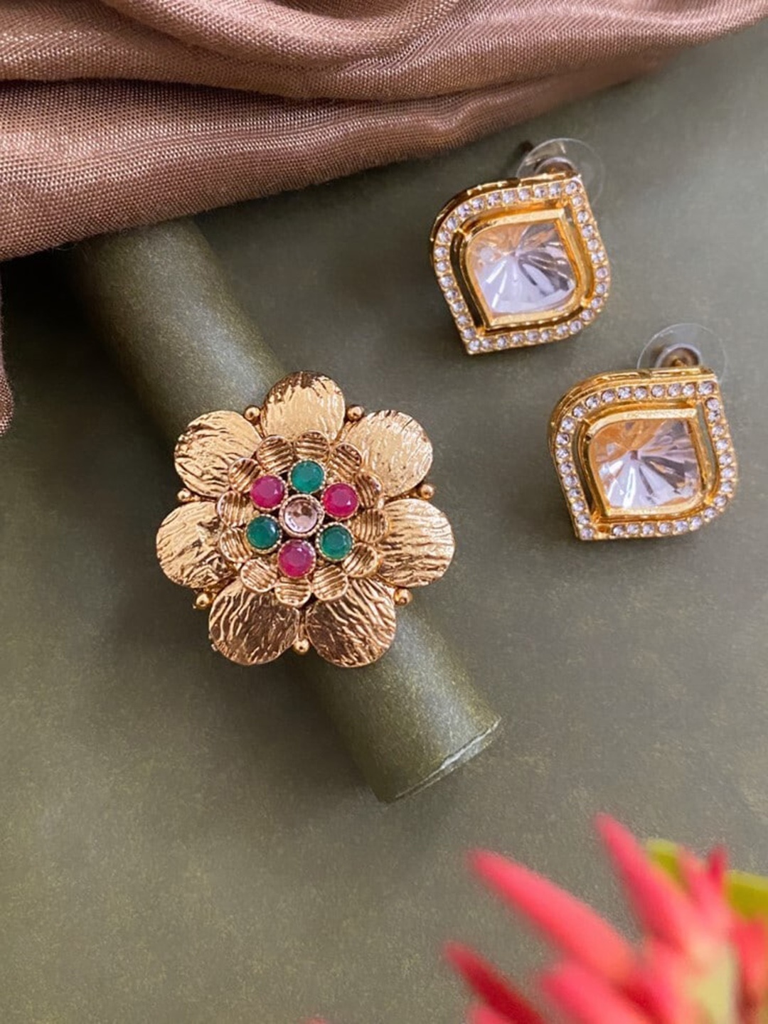 

ATIBELLE Gold-Plated Stone-Studded & Beaded Jewellery Set