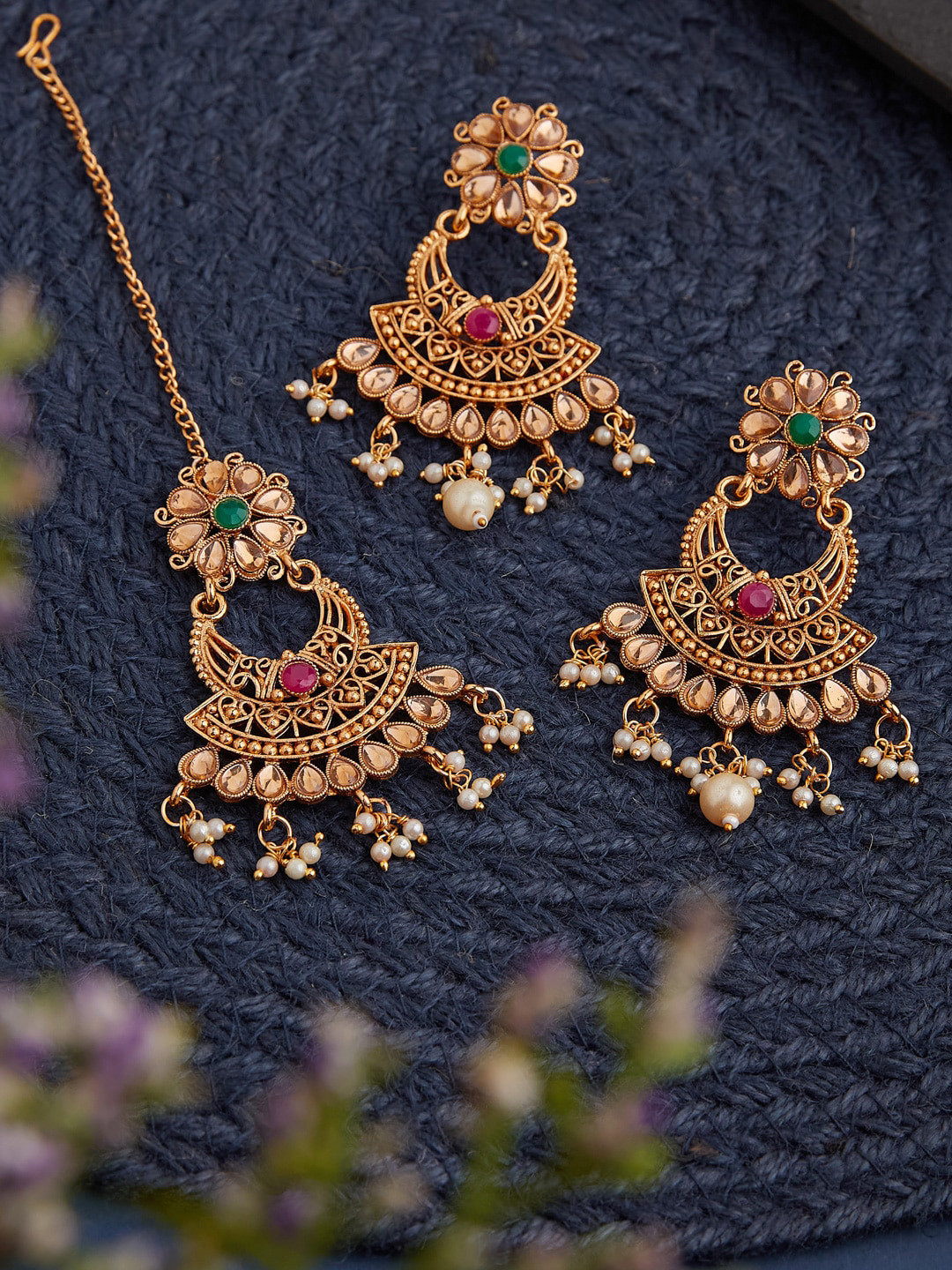 

ATIBELLE Gold-Plated stone-studded & beaded Jewellery Set