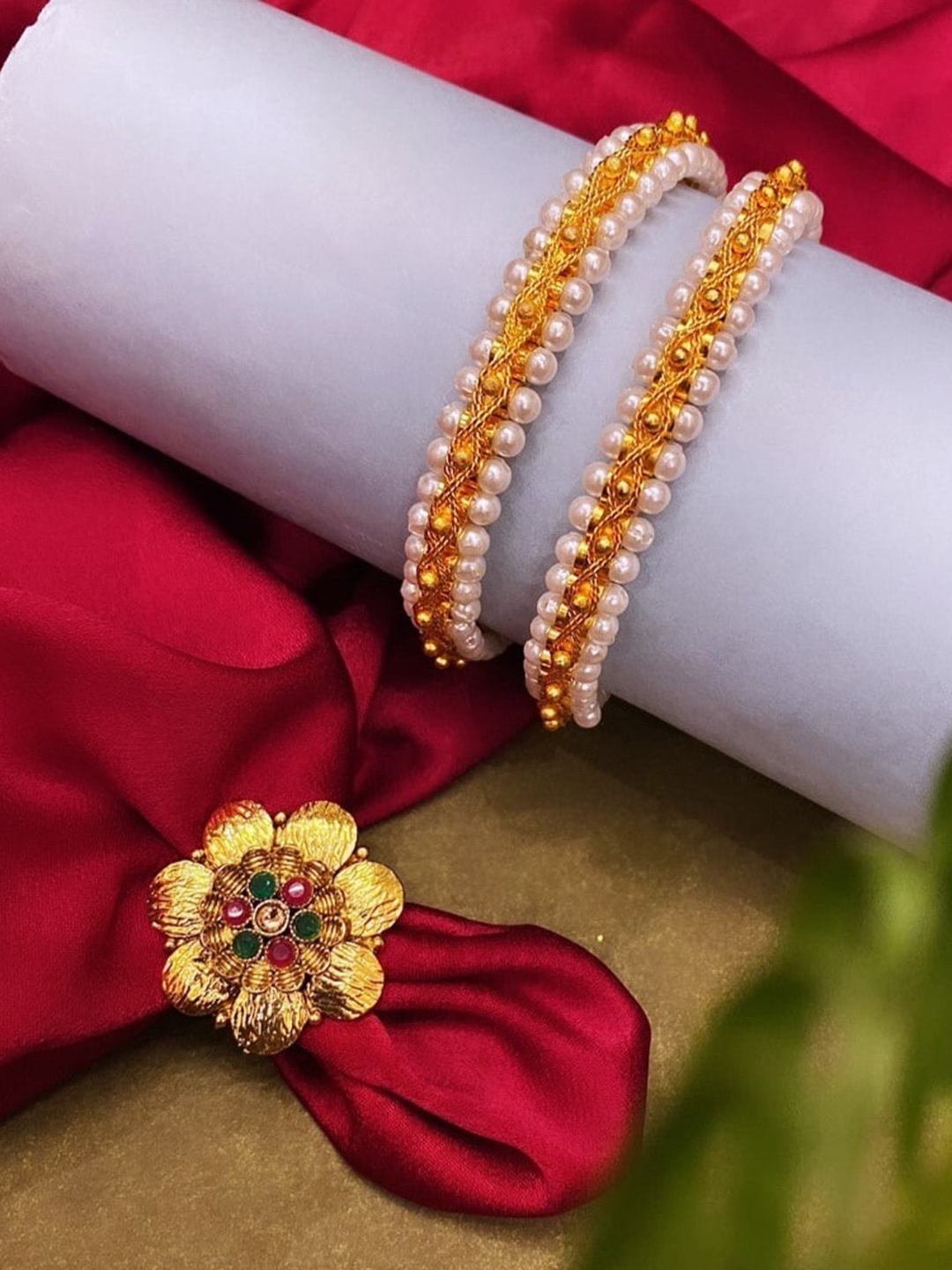 

ATIBELLE Gold-Plated Pearl-Beaded & Stone-Studded Jewellery Set