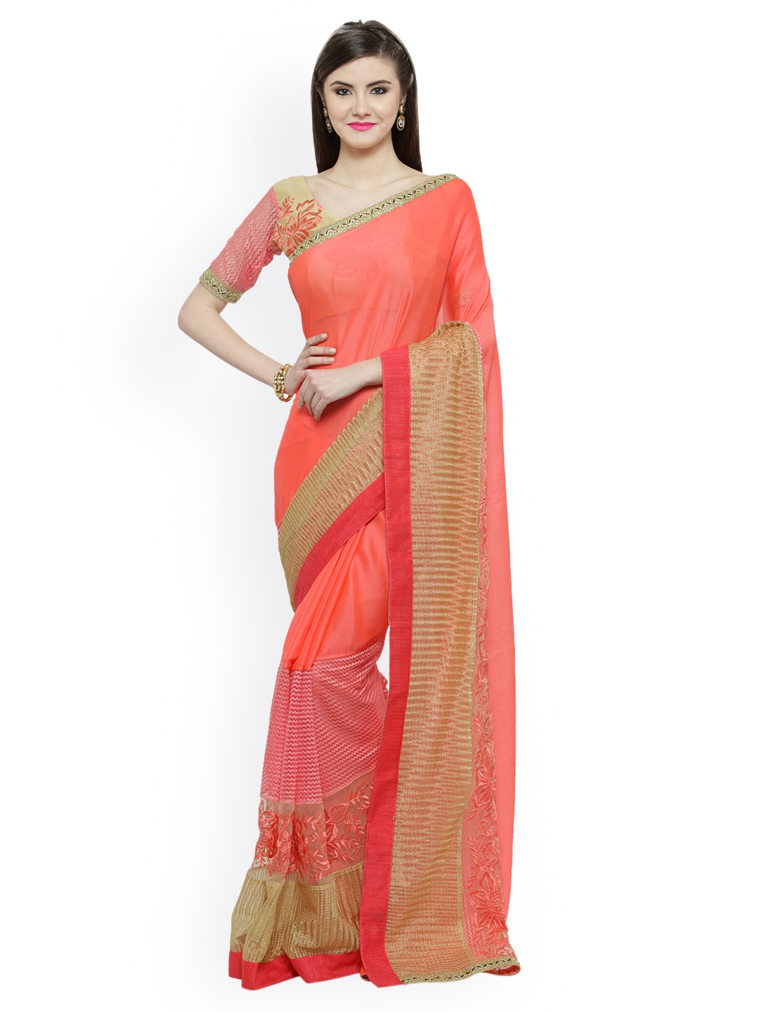 

Shaily Peach-Coloured Embroidered Pure Georgette Saree