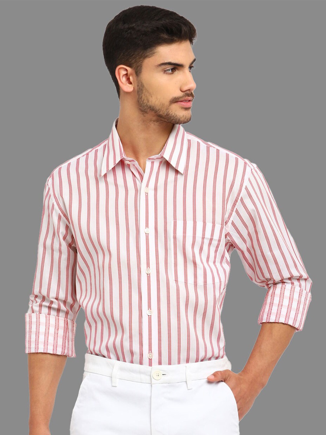 

Givo Smart Vertical Striped Spread Collar Chest Pocket Cotton Casual Shirt, White