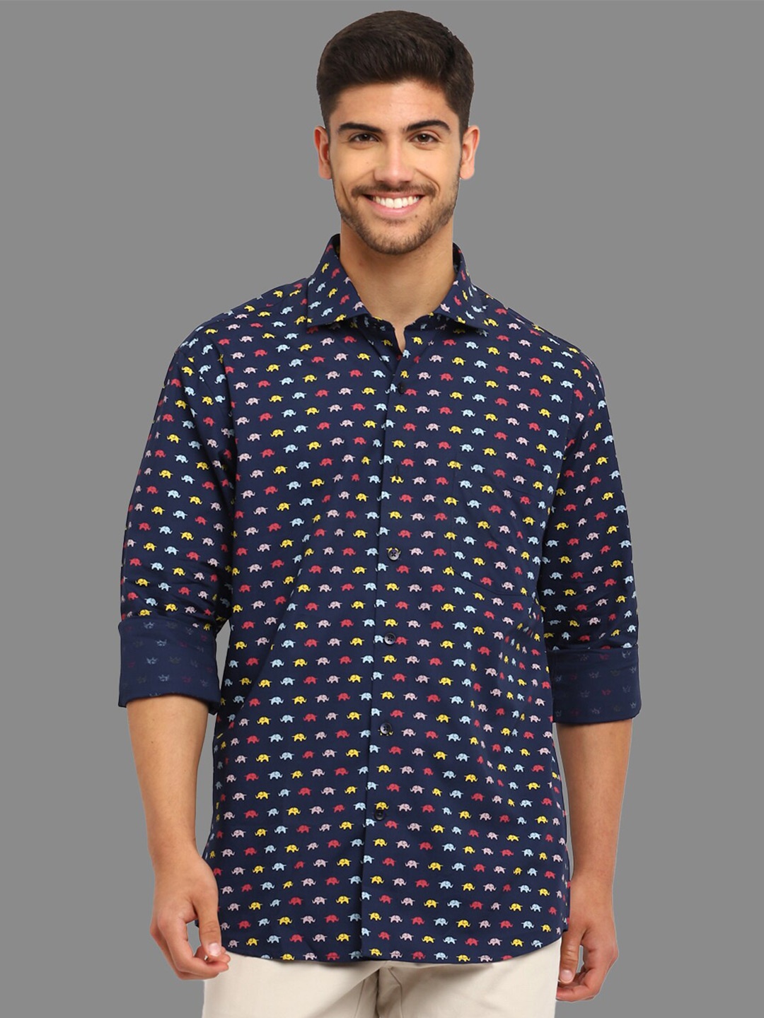 

Givo Smart Conversational Printed Cotton Shirt, Navy blue