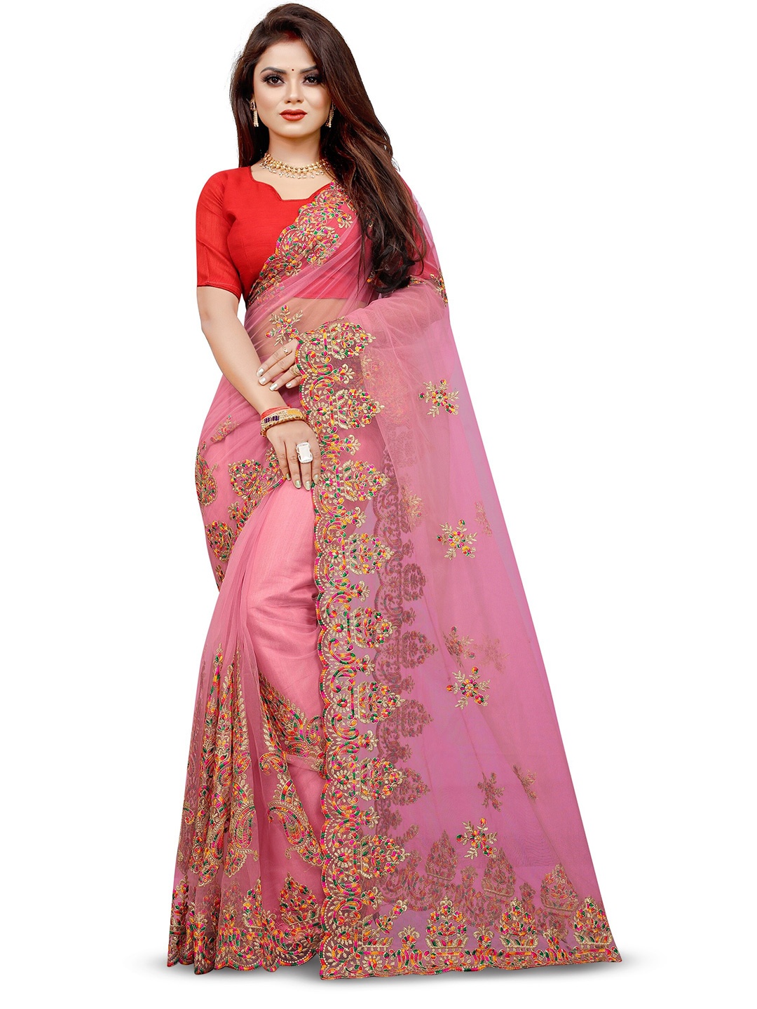 

BARKIYA CREATION Ethnic Motifs Embroidered Net Saree, Pink