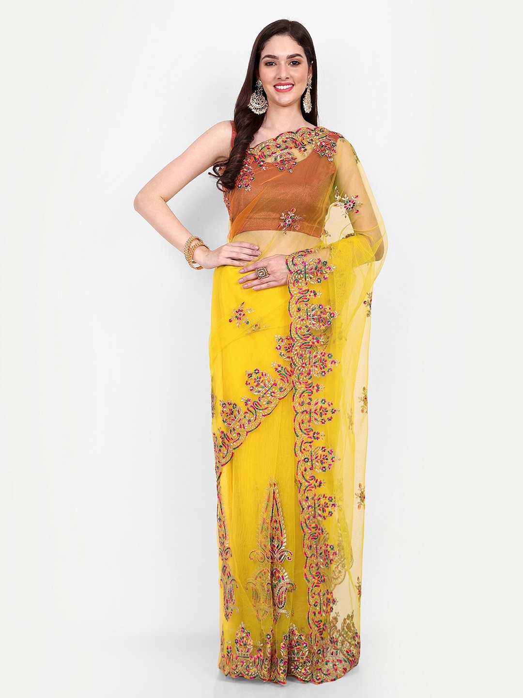 

BARKIYA CREATION Ethnic Motifs Embroidered Zari Net Saree, Yellow