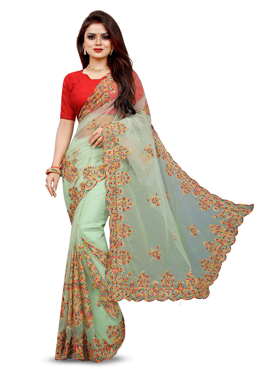 

BARKIYA CREATION Ethnic Motifs Embroidered Net Saree, Sea green