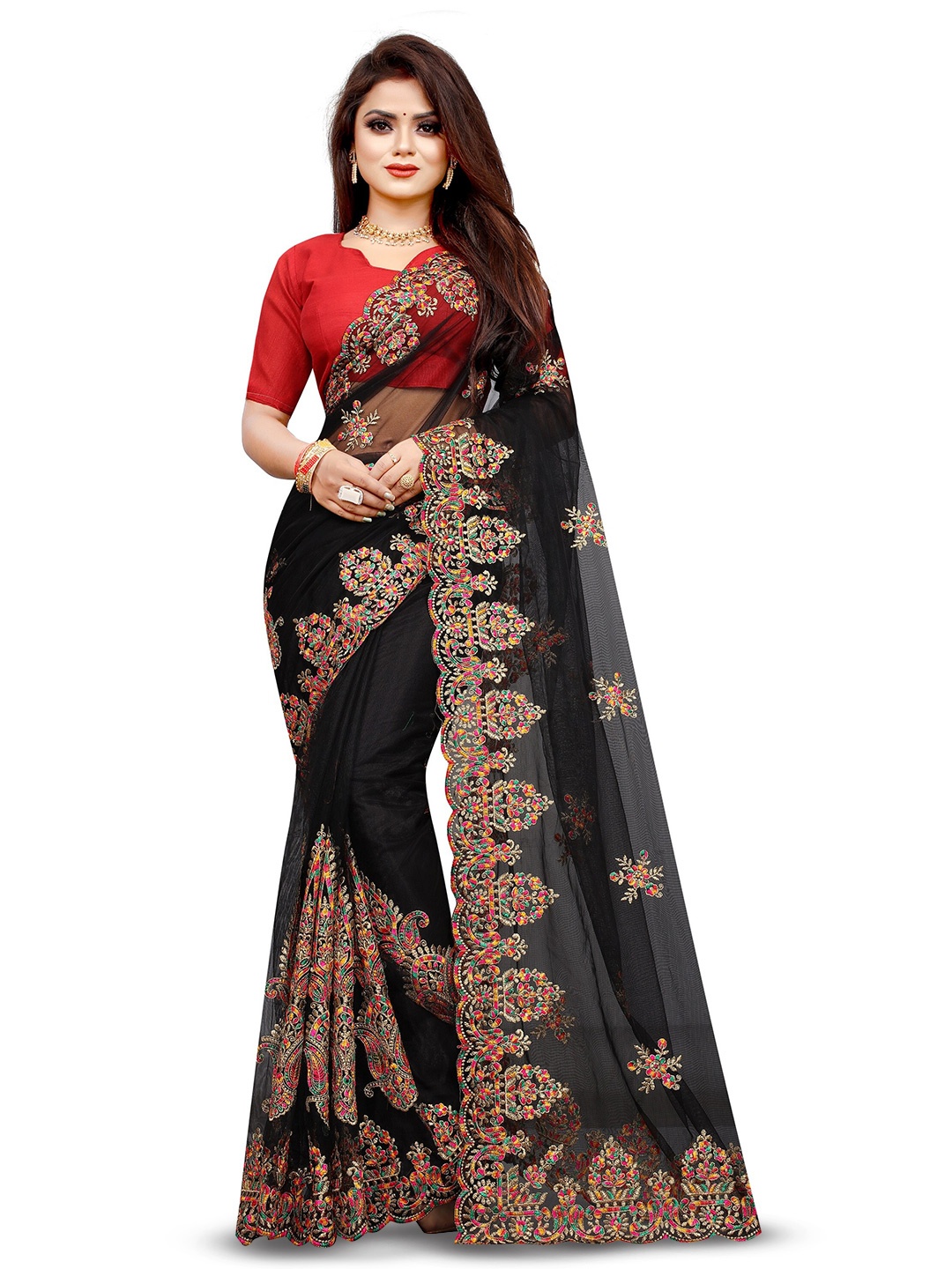 

BARKIYA CREATION Ethnic Motifs Embroidered Net Saree, Black