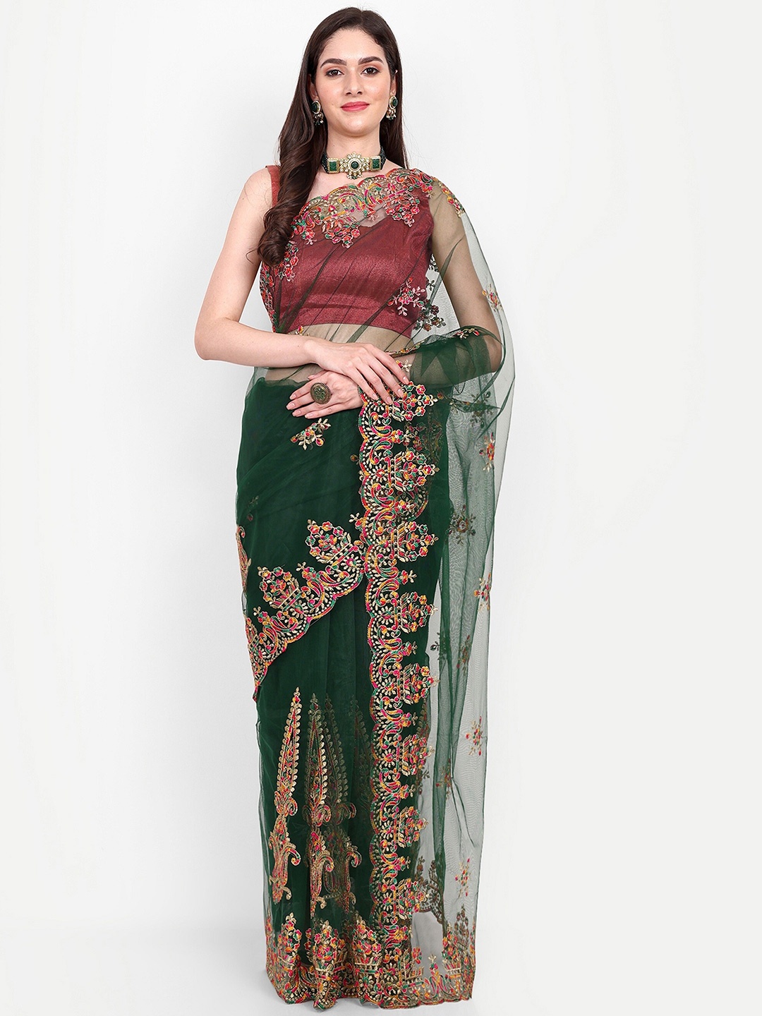 

BARKIYA CREATION Ethnic Motifs Embroidered Net Saree, Green