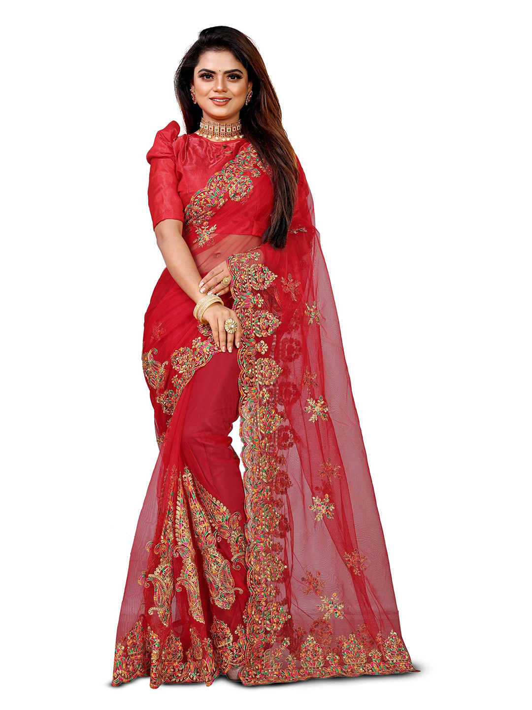 

BARKIYA CREATION Ethnic Motifs Embroidered Zari Net Saree, Red