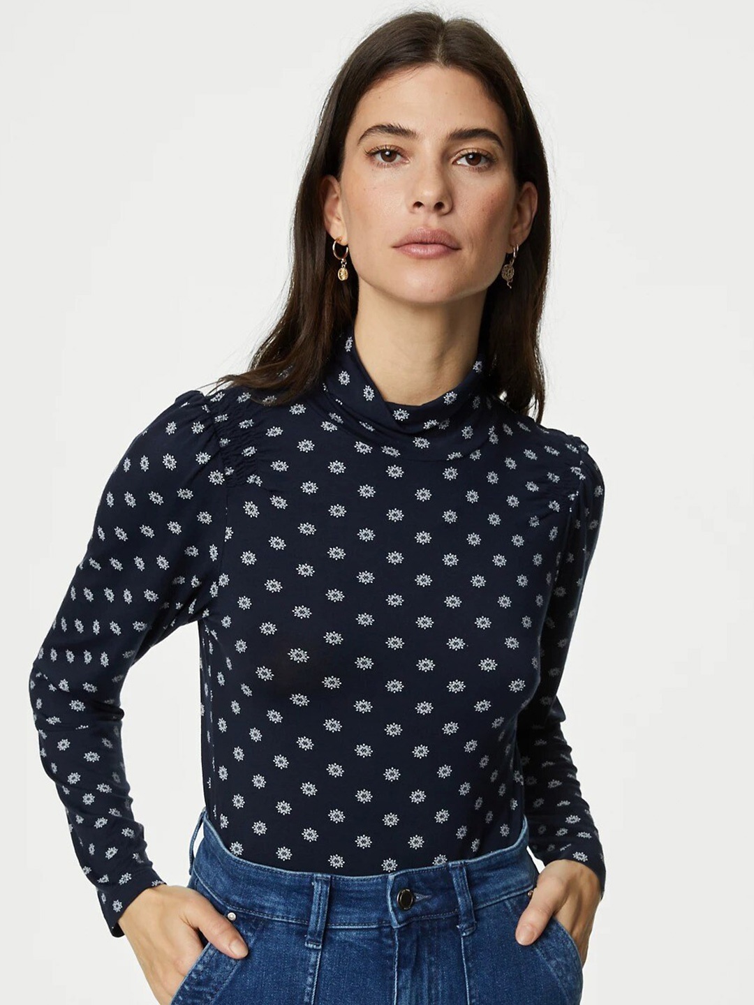 

Marks & Spencer Floral Printed High Neck Top, Navy blue