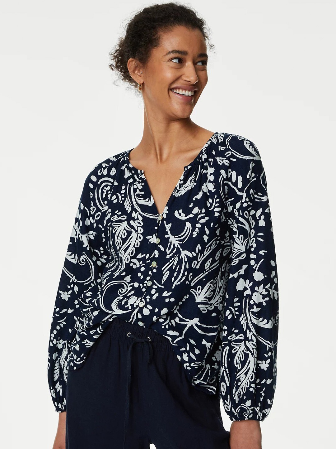 

Marks & Spencer Print Puff Sleeve Top, Navy blue