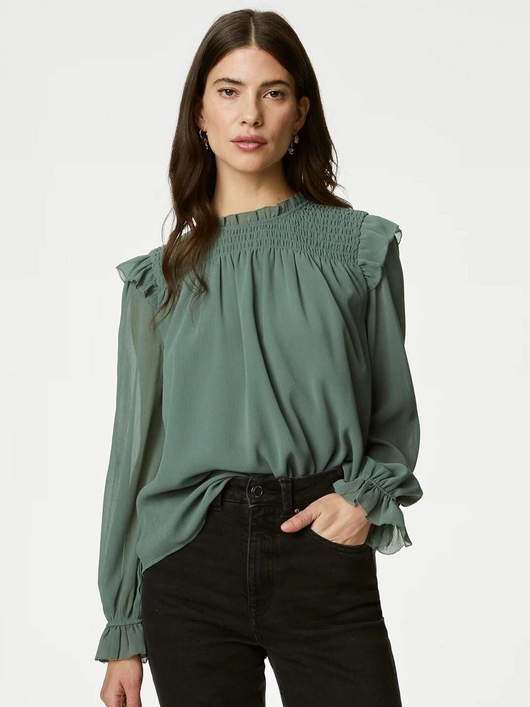 

Marks & Spencer Smocked Cuffed Sleeves Chiffon Top, Green