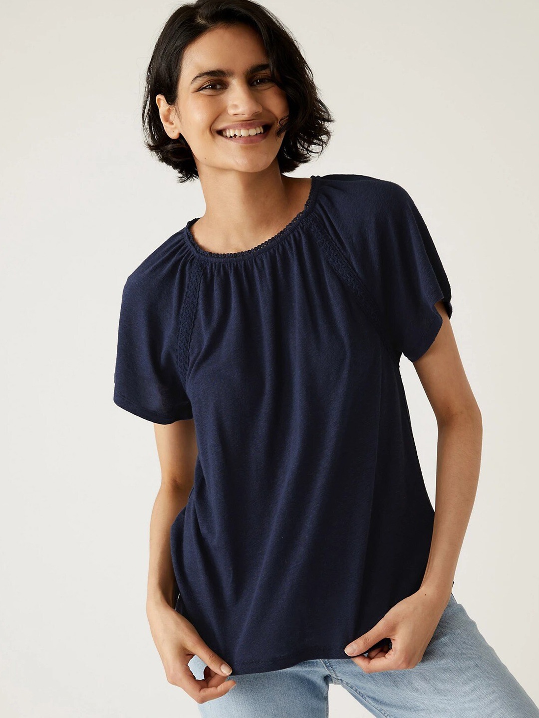 

Marks & Spencer Raglan Sleeves Styled Back Top, Navy blue