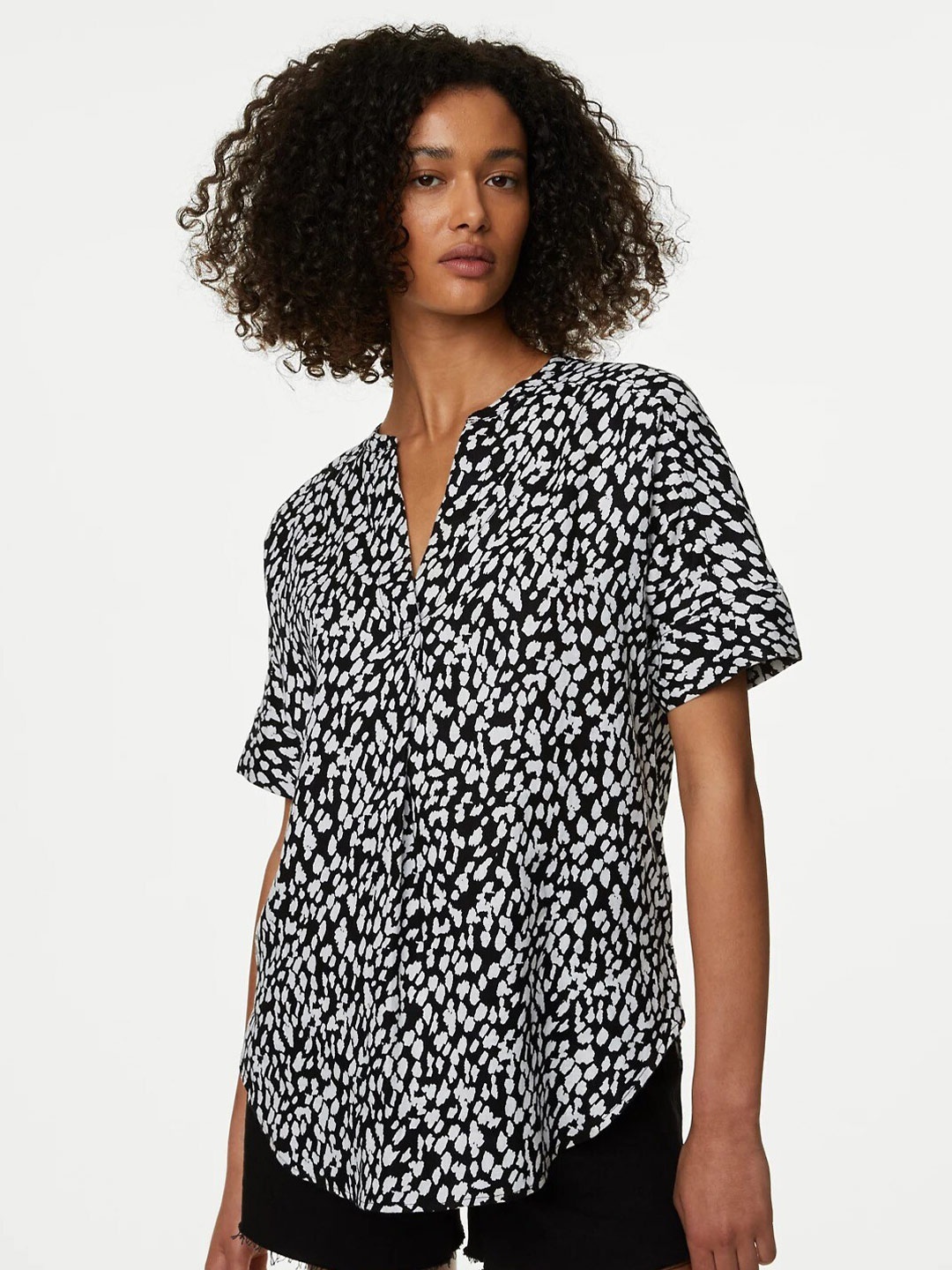 

Marks & Spencer Animal Print Mandarin Collar Top, Black