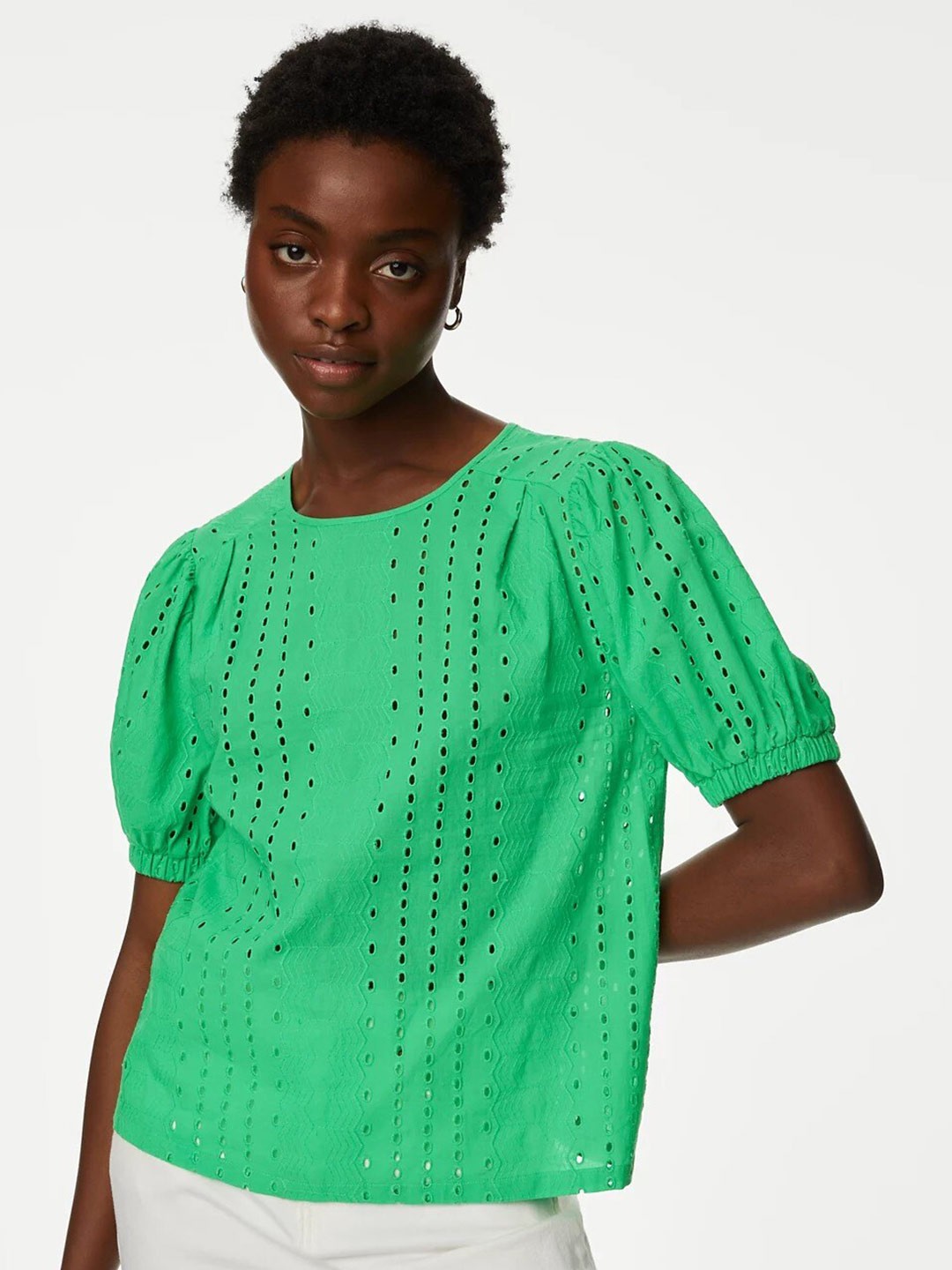 

Marks & Spencer Puff Sleeve Cotton Top, Green