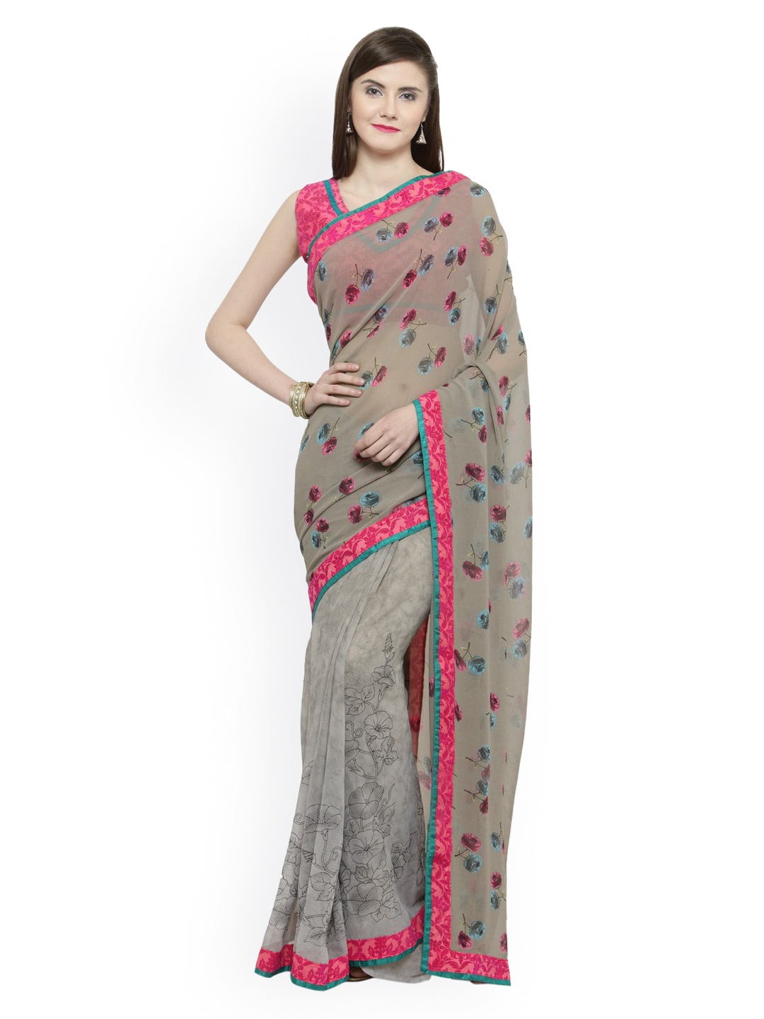 

Shaily Grey & Pink Pure Georgette Printed Saree