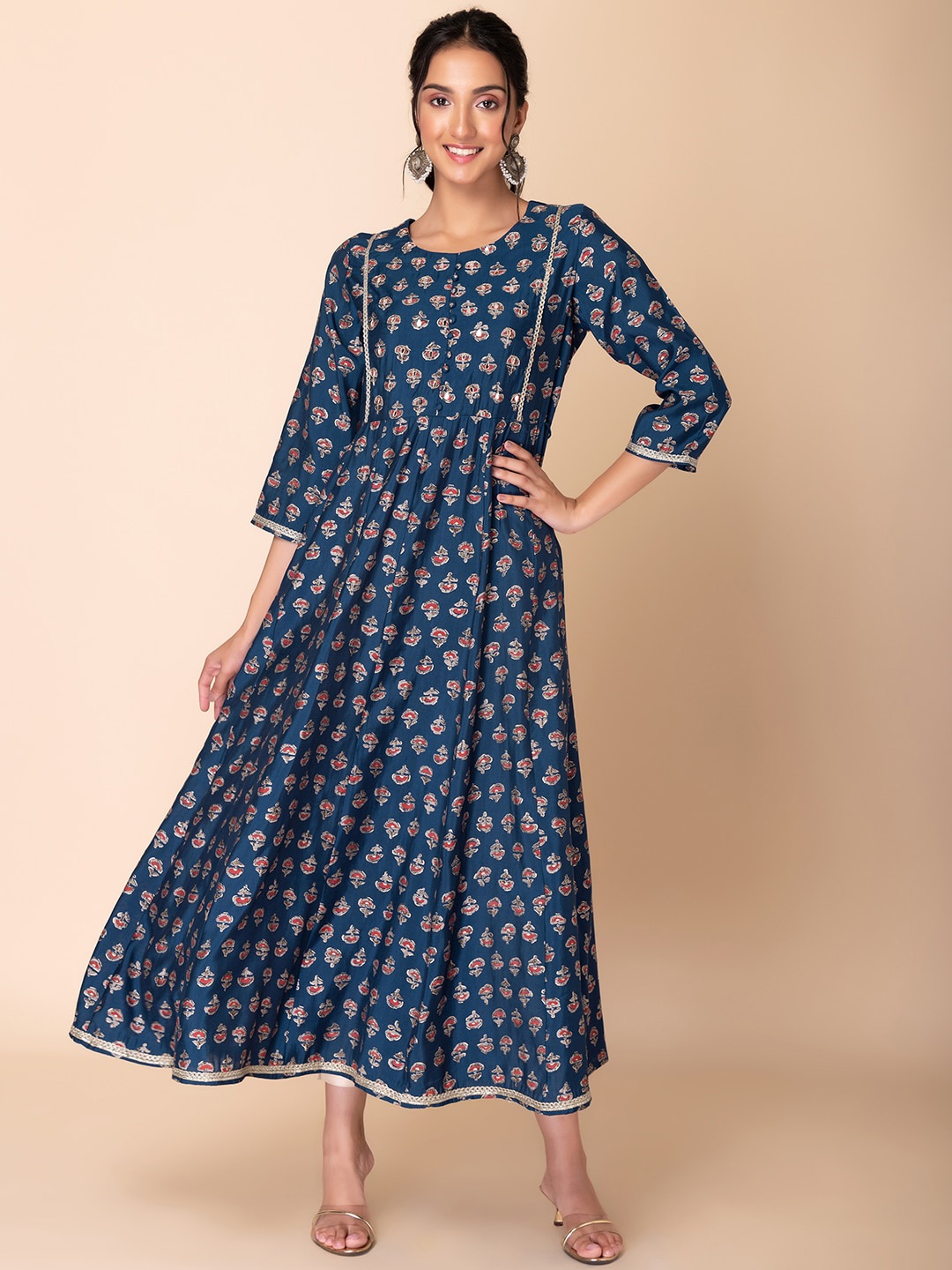 

INDYA Ethnic Motifs Printed Anarkali Kurtas, Navy blue