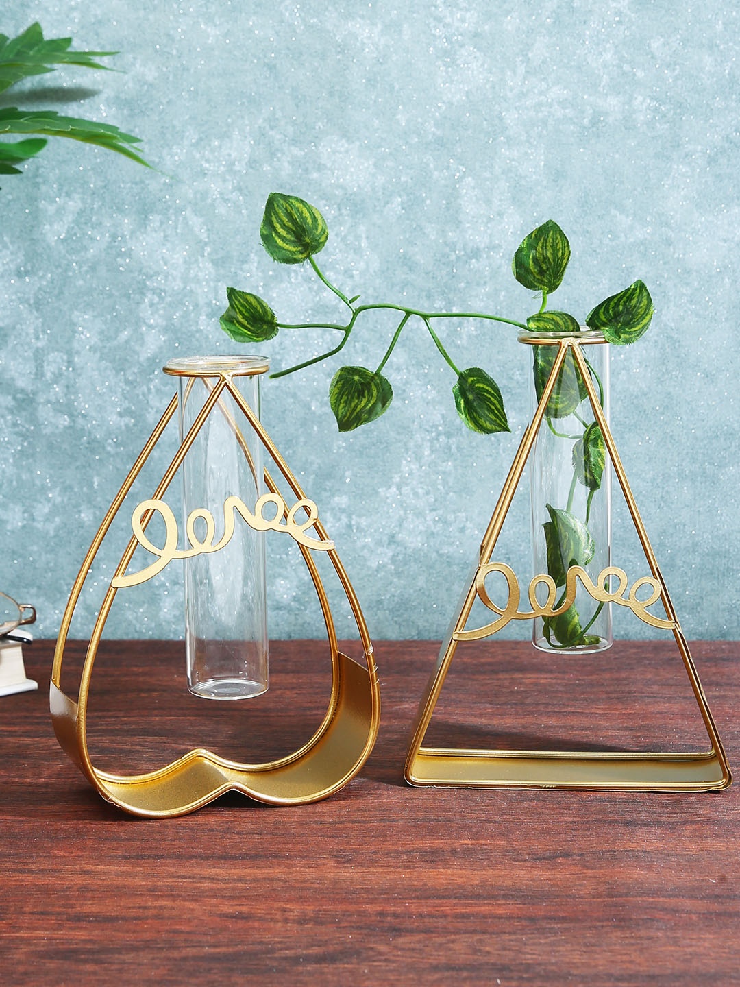

TIED RIBBONS Set of 2 Metal Base Test Tube Flower Vase Planter, Gold