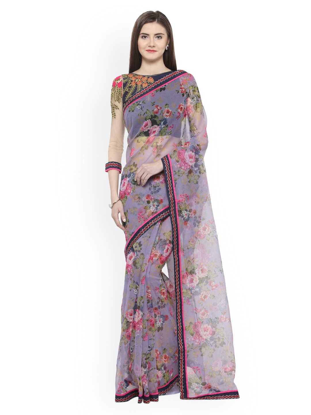 

Shaily Lavender & Pink Printed Net Saree