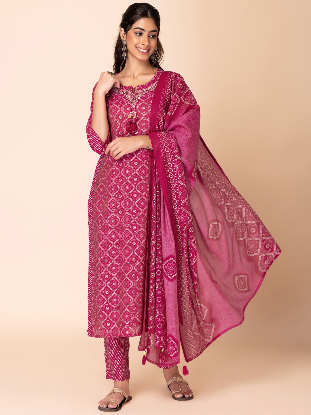 

INDYA Bandhani Printed Thread Work Kurta With Trouser & Dupatta, Pink