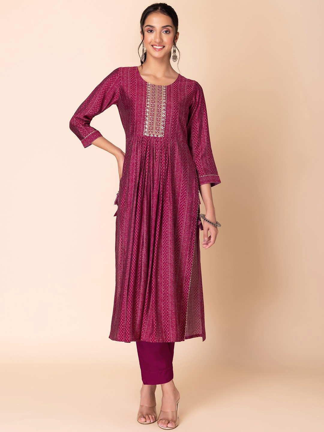 

INDYA Ethnic Motifs Printed A-Line Kurta With Trouser, Pink