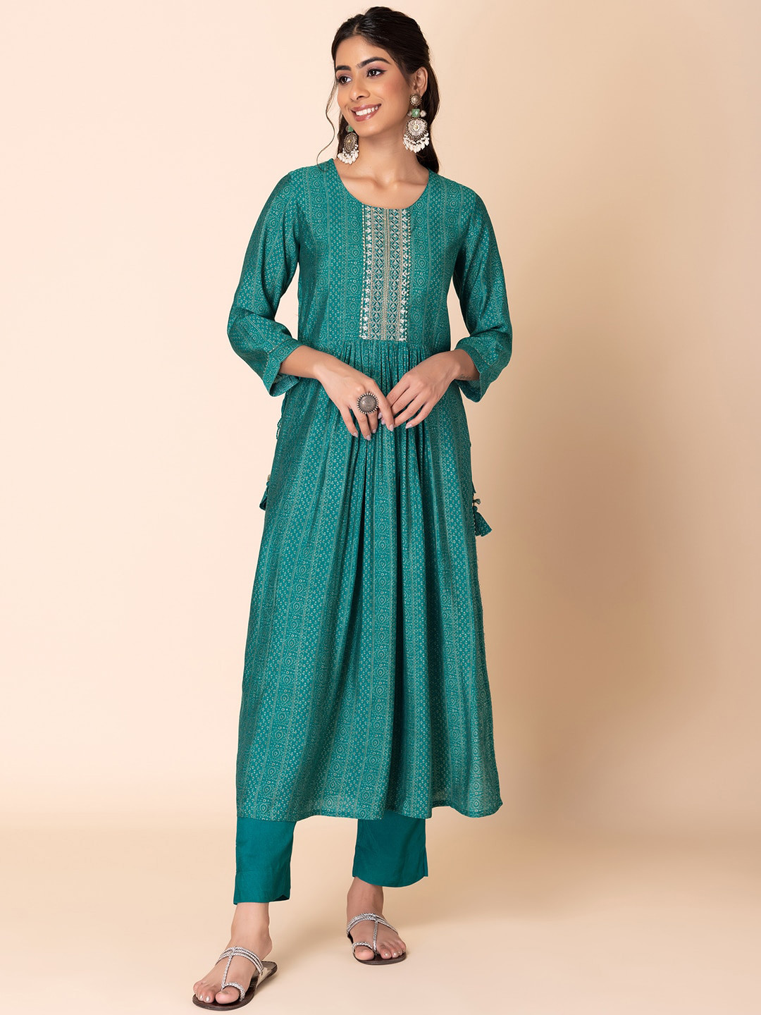 

INDYA Ethnic Motifs Printed Round Thread Work A-Line Kurta With Trouser, Blue