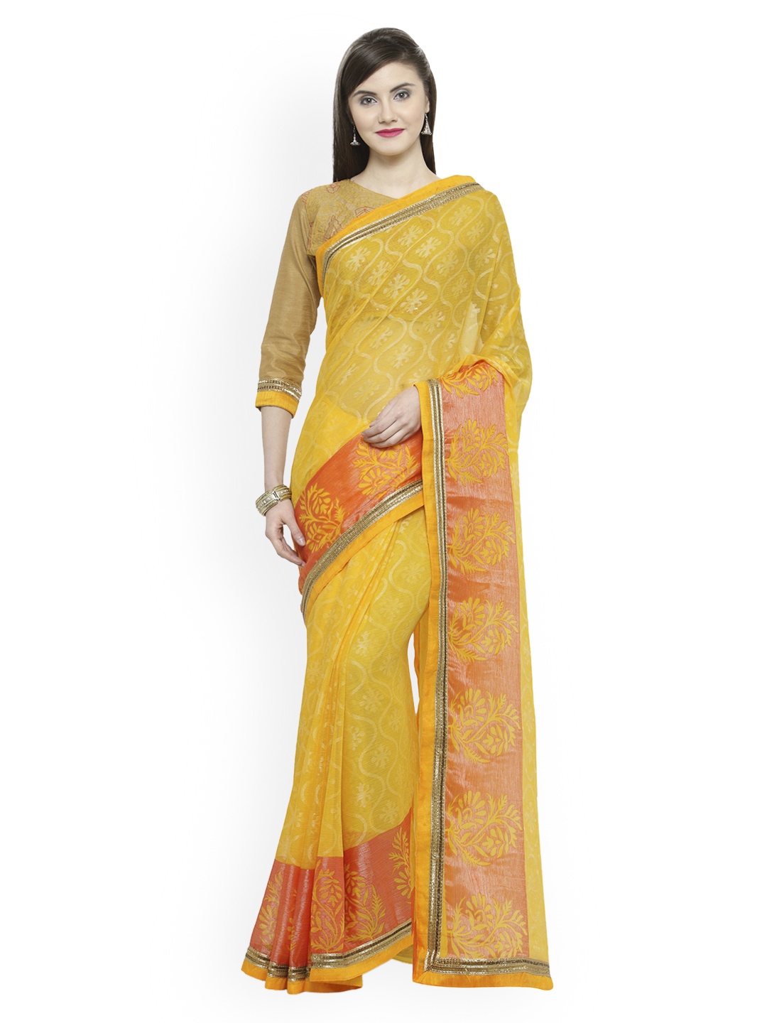 

Shaily Yellow Printed Brasso Saree