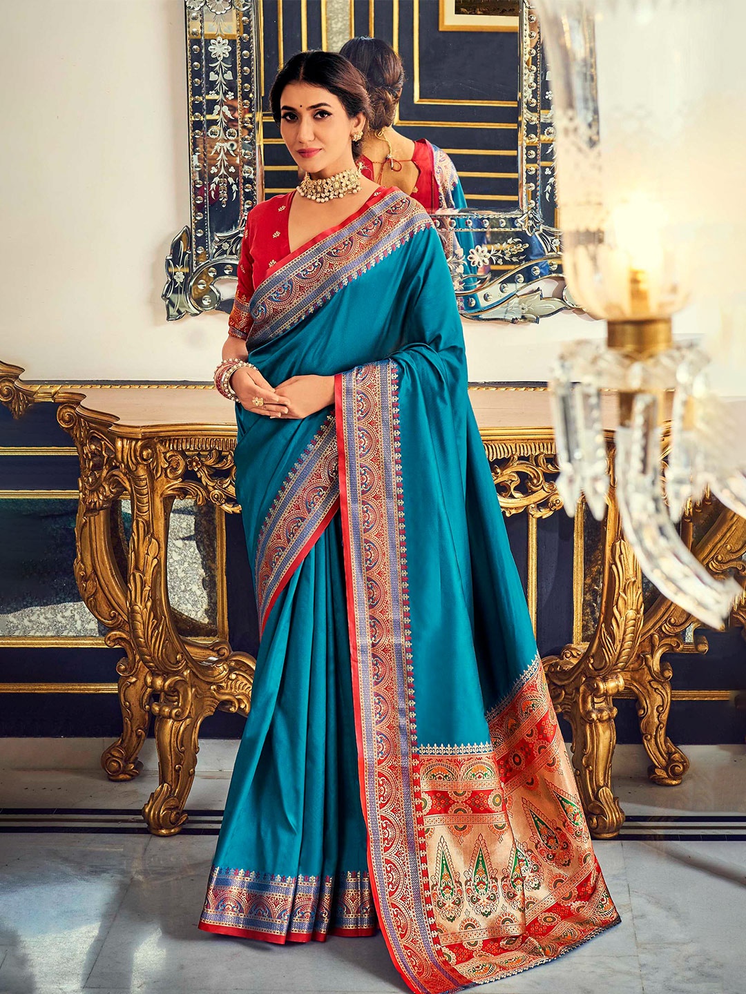

Mitera Teal & Red Woven Design Zari Banarasi Saree