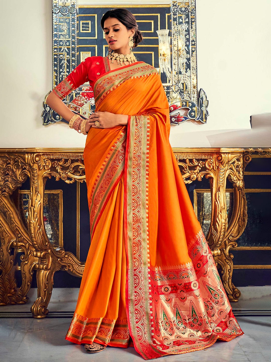 

Mitera Ethnic Motifs Woven Design Zari Banarasi Saree, Orange