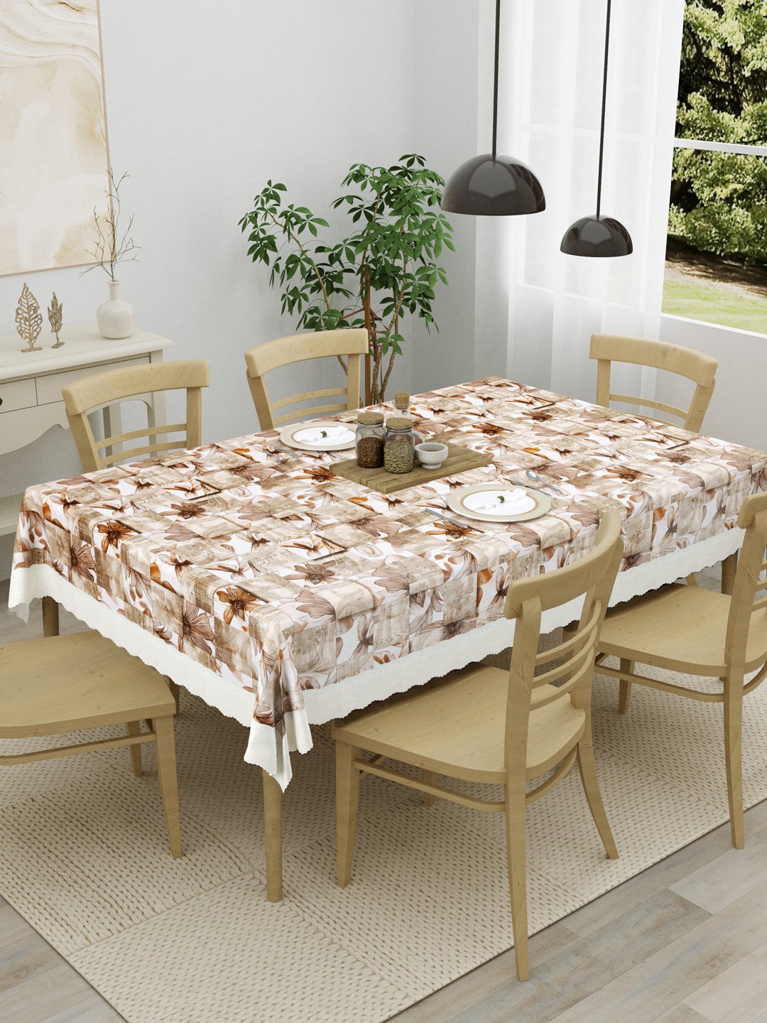 

Clasiko Brown & Cream Coloured Printed 6-Seater Table Cover