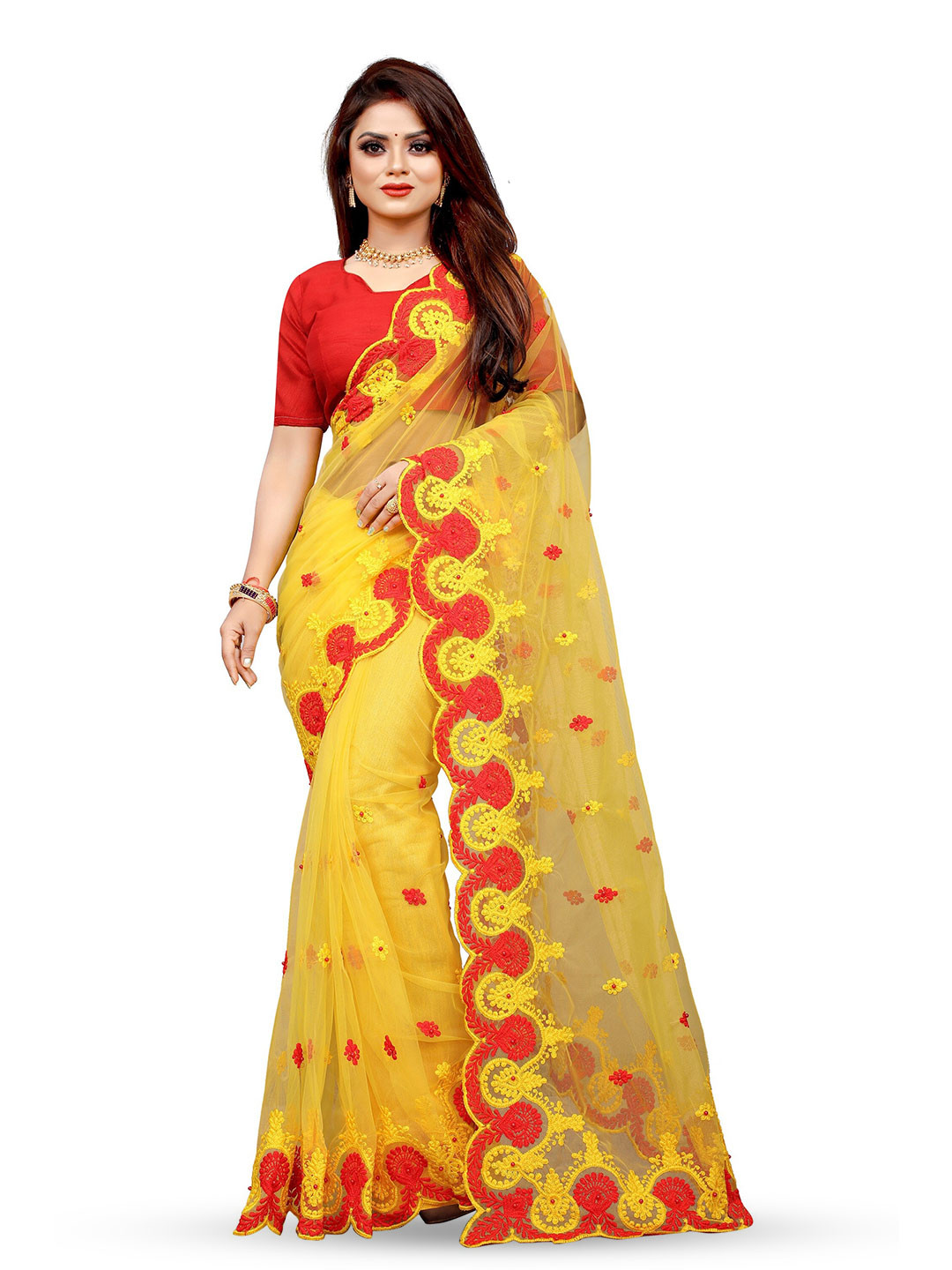 

BARKIYA CREATION Floral Embroidered Net Saree, Yellow