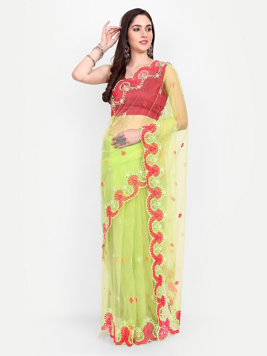 

BARKIYA CREATION Ethnic Motifs Embroidered Net Saree, Green