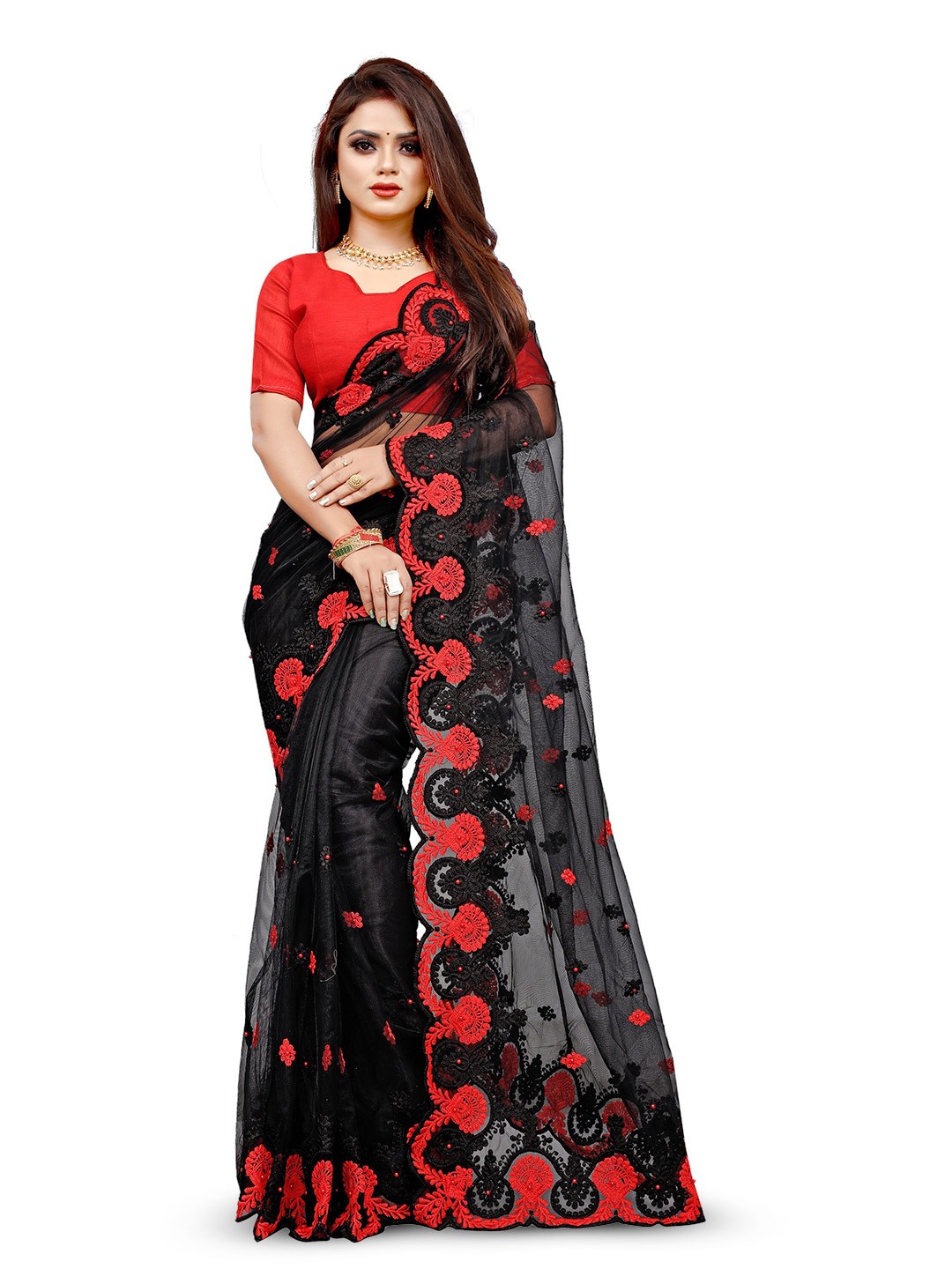 

BARKIYA CREATION Floral Embroidered Beads and Stones Net Saree, Black