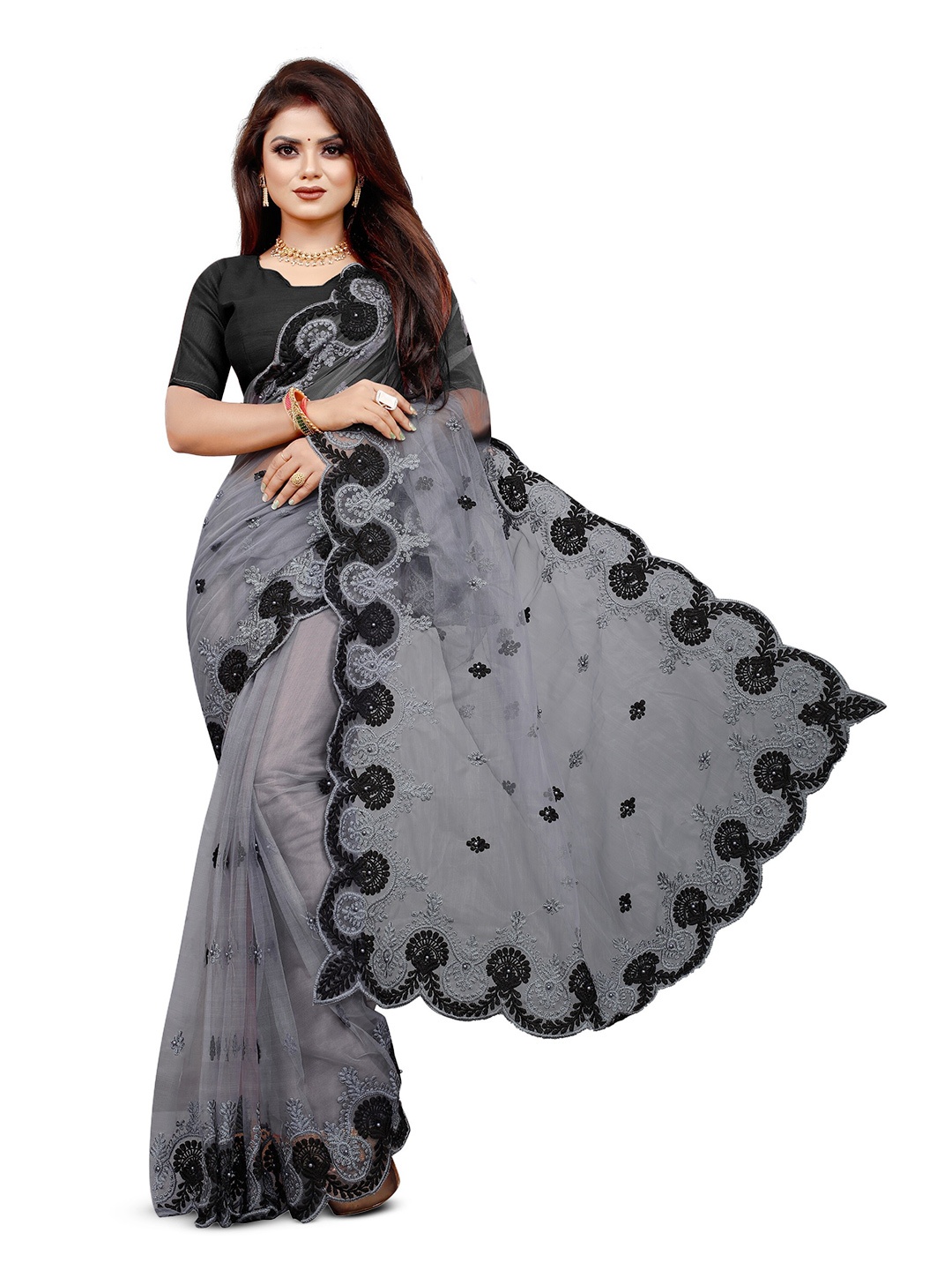 

BARKIYA CREATION Ethnic Motifs Embroidered Net Saree, Grey