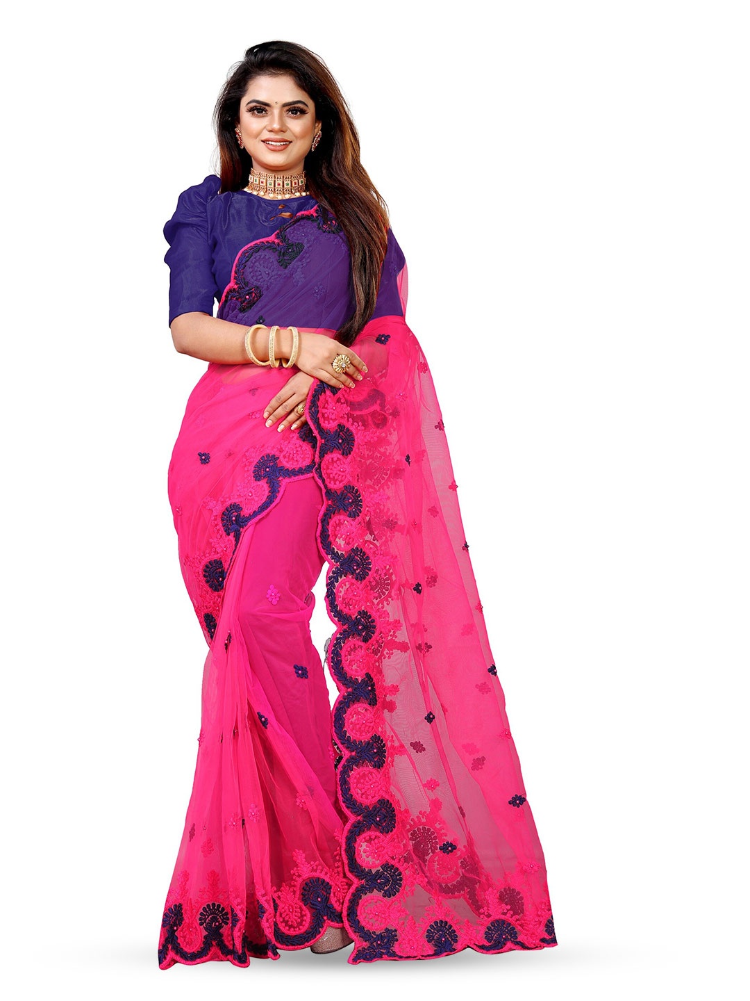 

BARKIYA CREATION Floral Embroidered Beads and Stones Net Saree, Pink